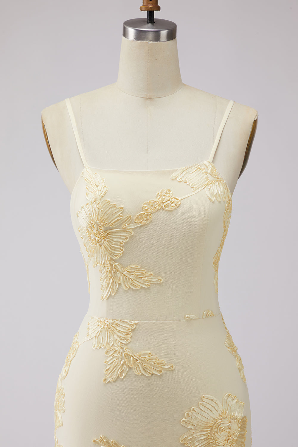 Yellow A-Line Spaghetti Straps Lace-Up Back Long Prom Dress with Floral Embroidery