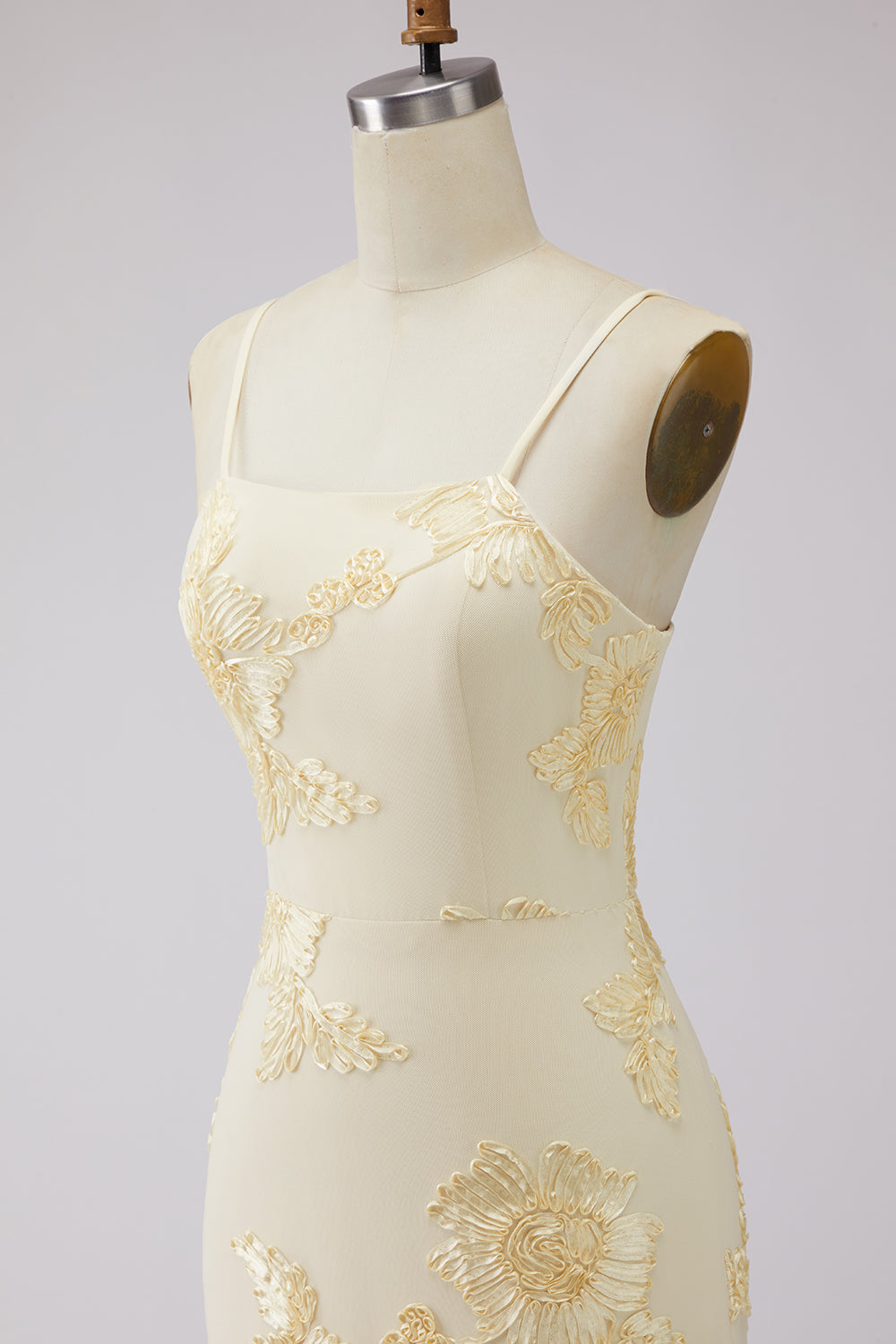 Yellow A-Line Spaghetti Straps Lace-Up Back Long Prom Dress with Floral Embroidery
