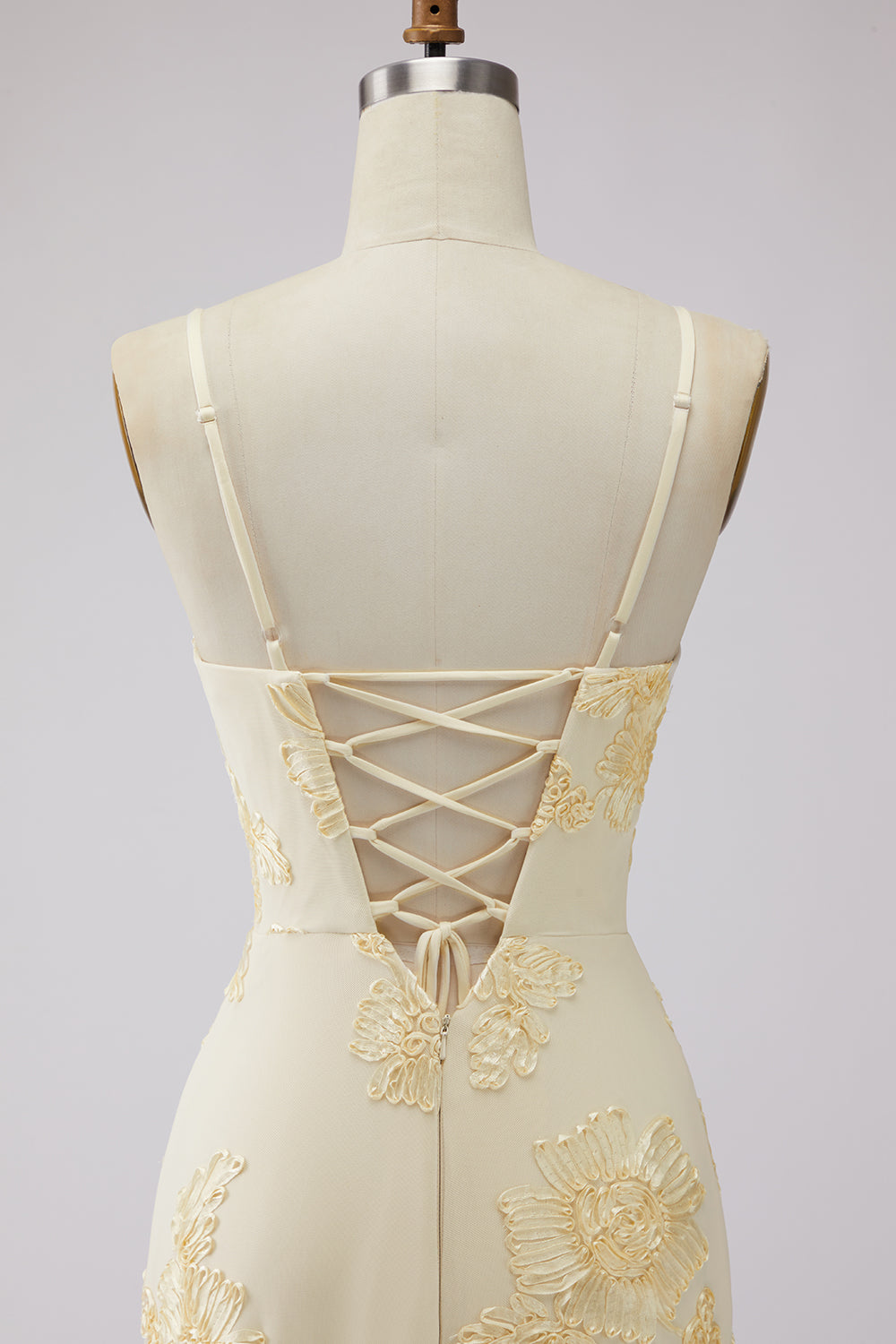 Yellow A-Line Spaghetti Straps Lace-Up Back Long Prom Dress with Floral Embroidery