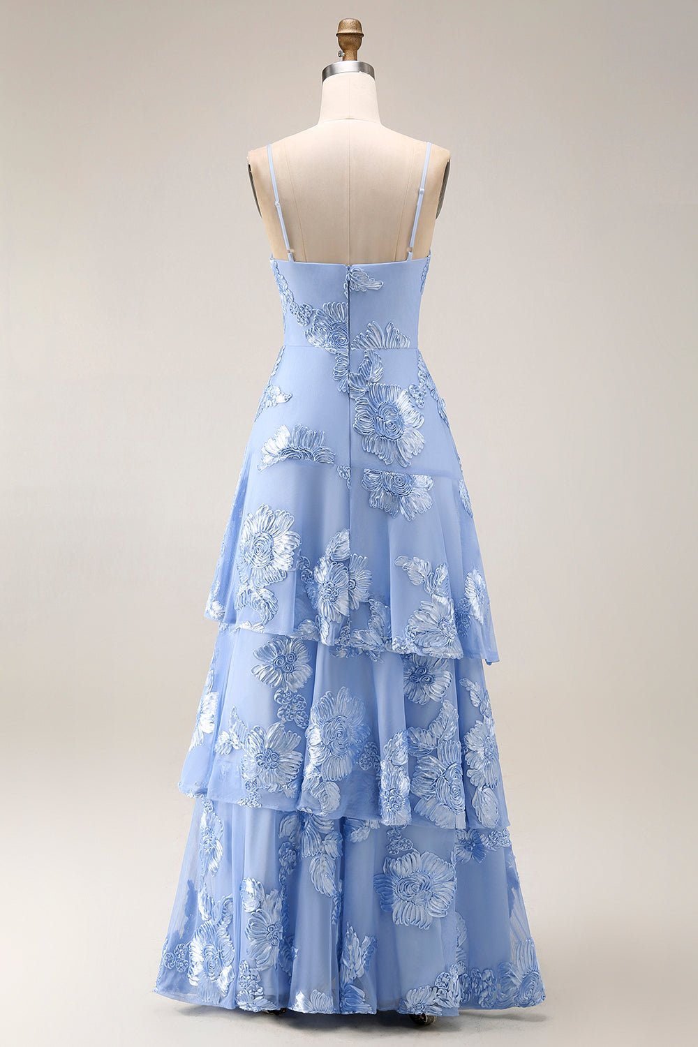 Yellow A-Line Spaghetti Straps Tiered Long Prom Dress with Floral Embroidery