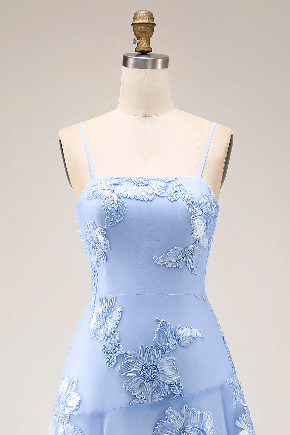 Yellow A-Line Spaghetti Straps Tiered Long Prom Dress with Floral Embroidery