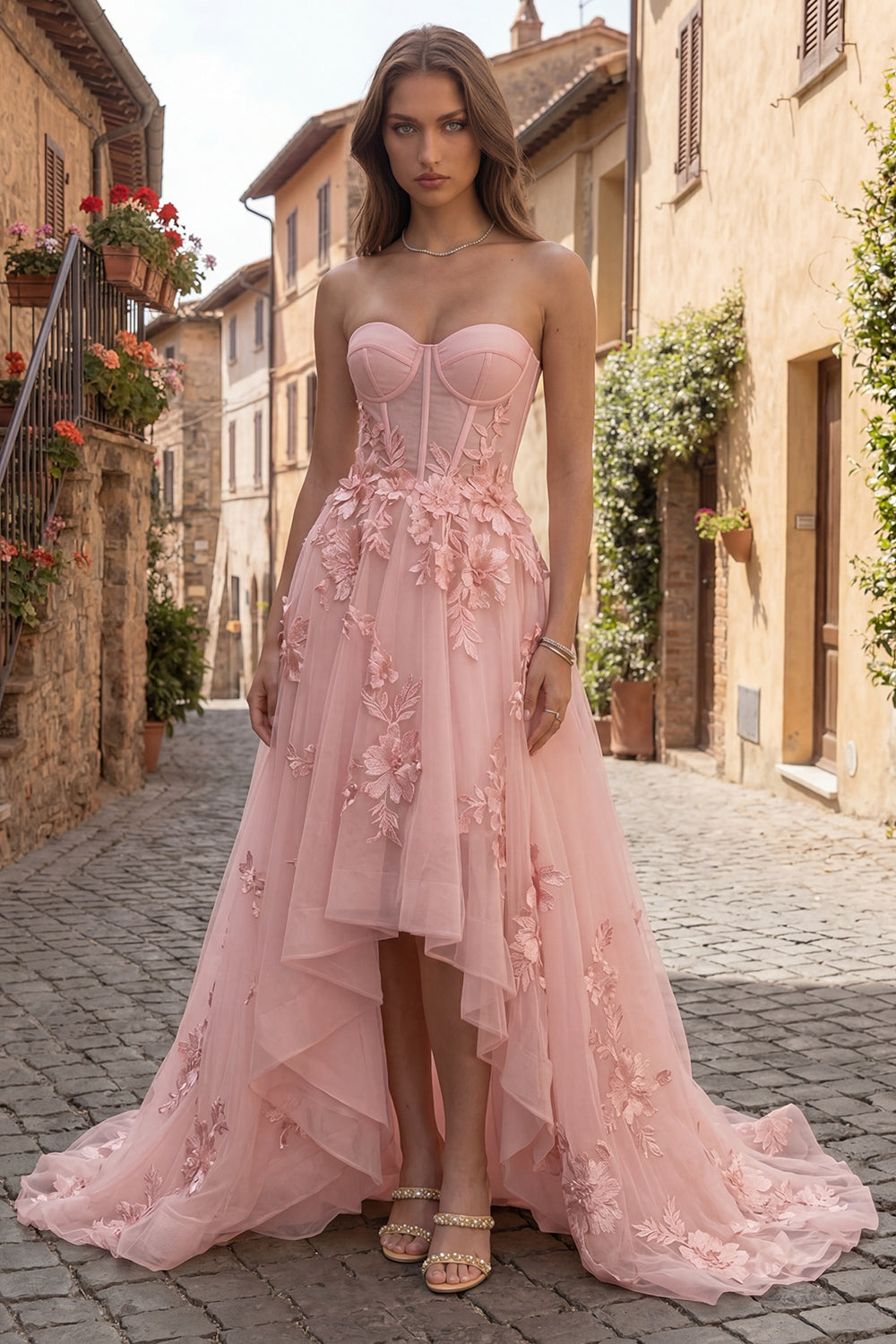 Yellow Strapless A-Line Tulle Corset High-Low Prom Dress with Floral Embroidery