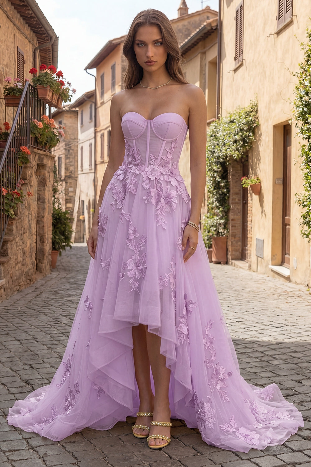 Yellow Strapless A-Line Tulle Corset High-Low Prom Dress with Floral Embroidery