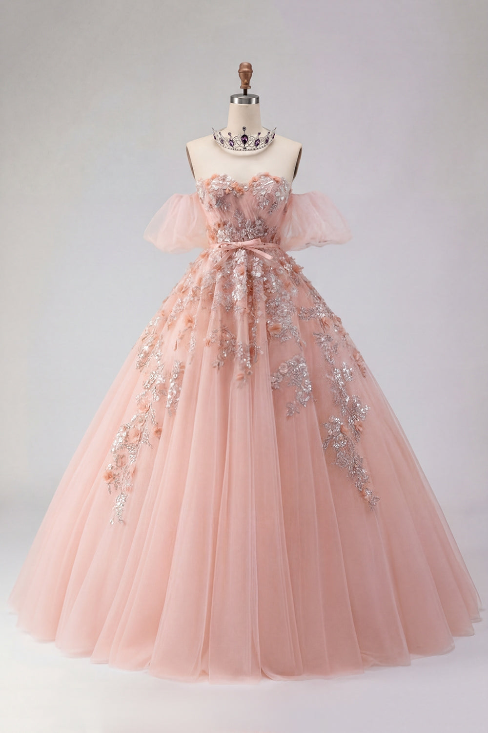 Off-the-Shoulder Appliquéd Ball Gown Blush Quinceañera Dress