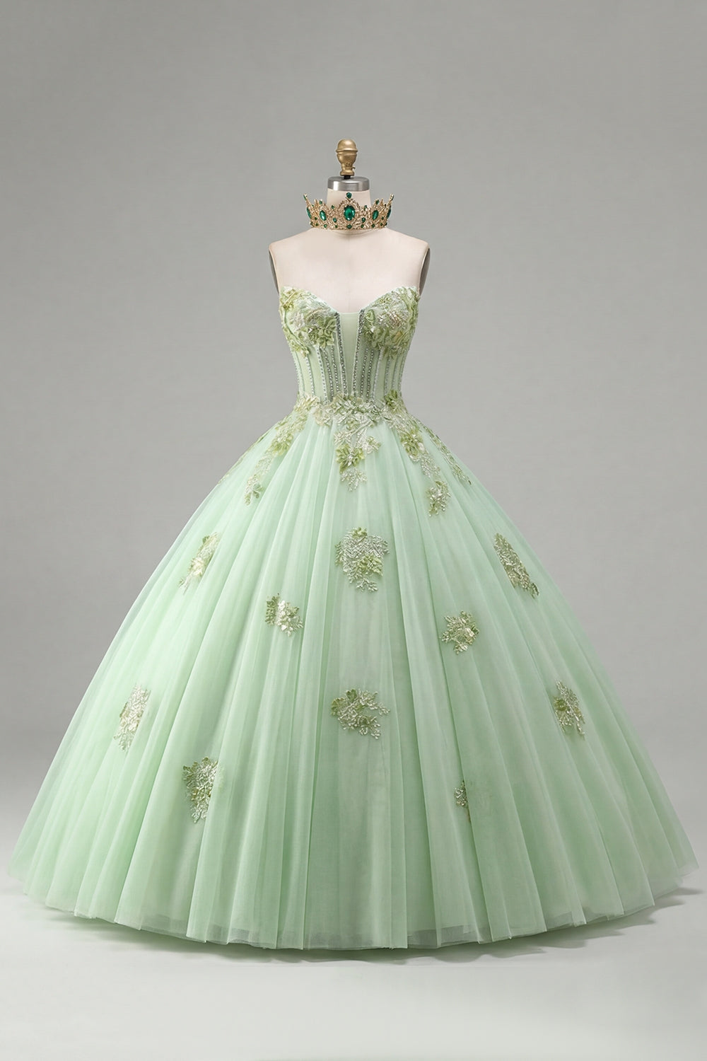 Ball Gown Strapless Corset Green Appliqued Quinceanera Dress
