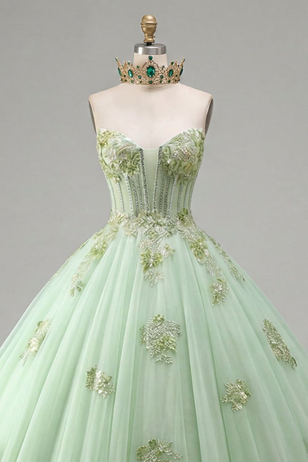 Ball Gown Strapless Corset Green Appliqued Quinceanera Dress