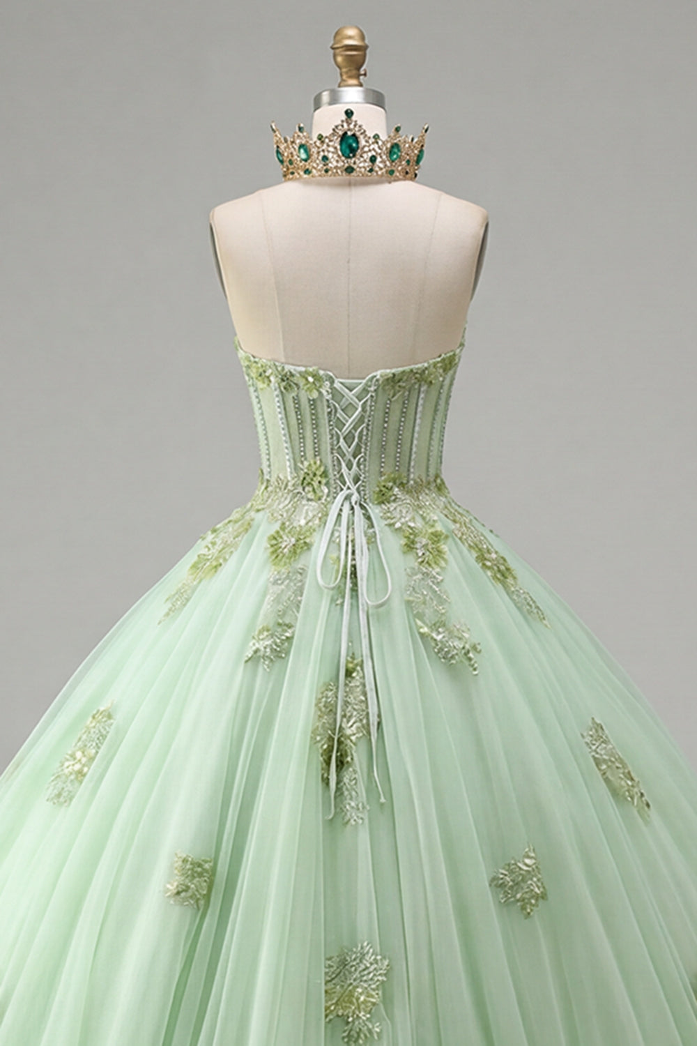 Ball Gown Strapless Corset Green Appliqued Quinceanera Dress