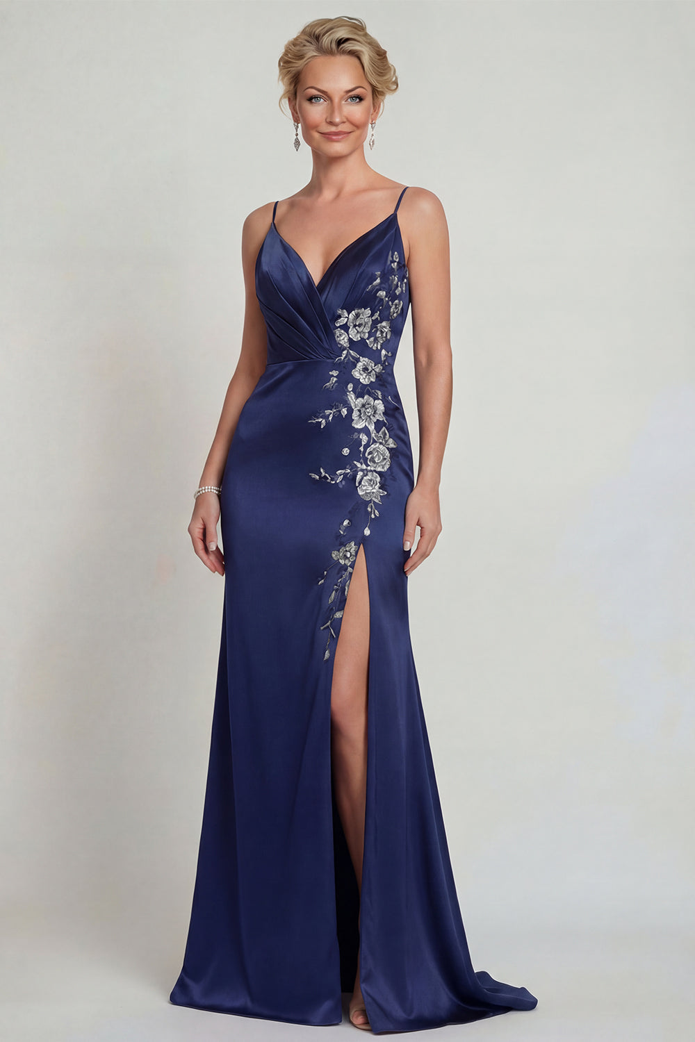 Navy Satin Spaghetti Straps Appliqued Mother of the Bride Dress with Slit