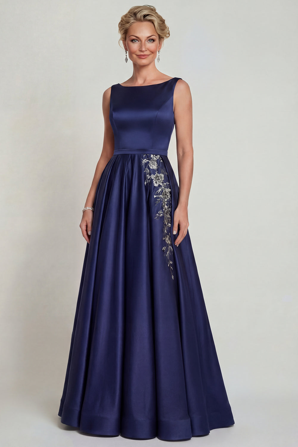 Navy Boat Neck A-Line Satin Mother of the Bride Dress with Appliques