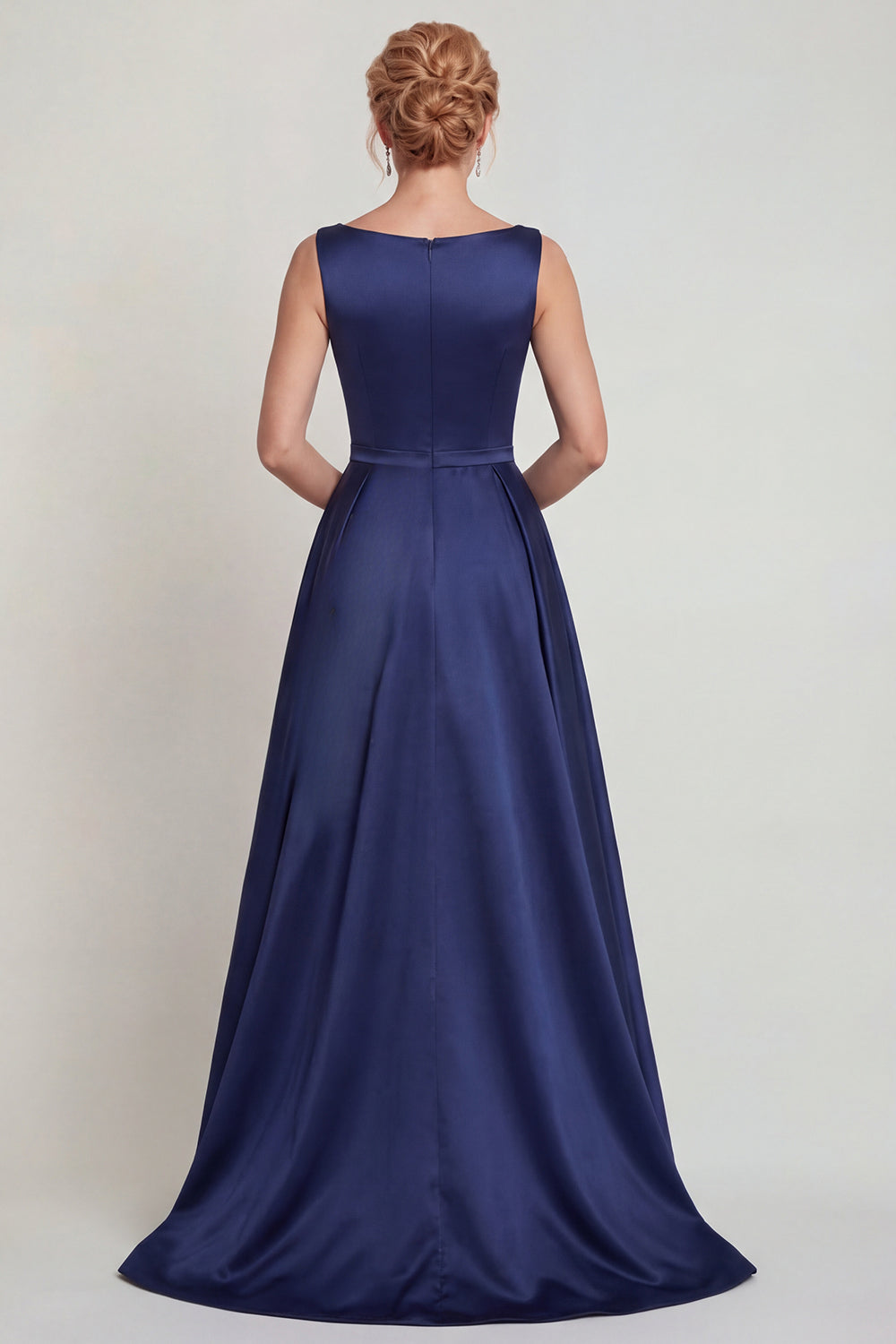 Navy Boat Neck A-Line Satin Mother of the Bride Dress with Appliques