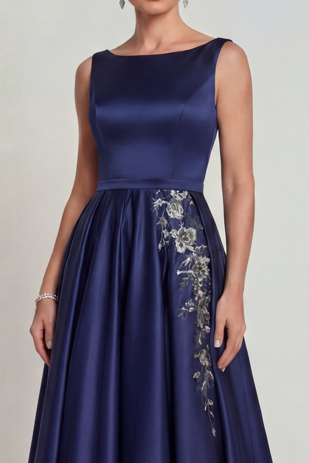 Navy Boat Neck A-Line Satin Mother of the Bride Dress with Appliques