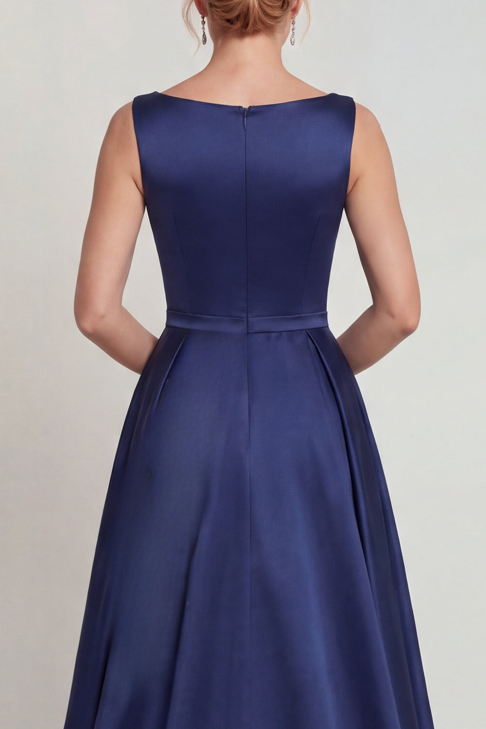 Navy Boat Neck A-Line Satin Mother of the Bride Dress with Appliques