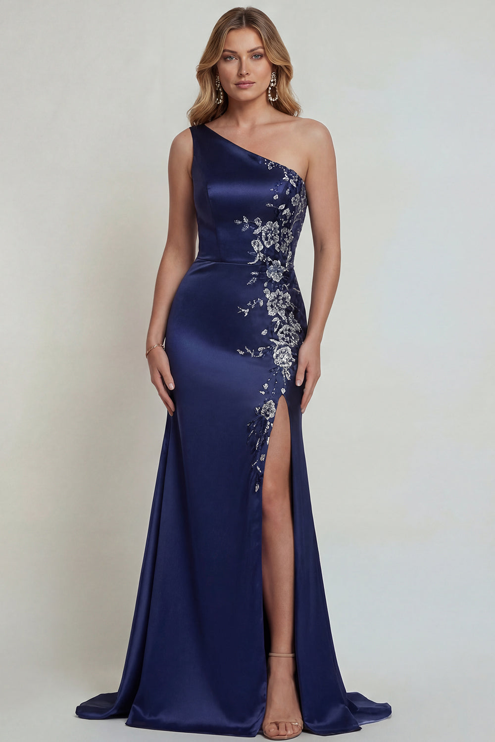 Navy One Shoulder Appliqued Mermaid Satin Mother of the Bride Dress with Slit