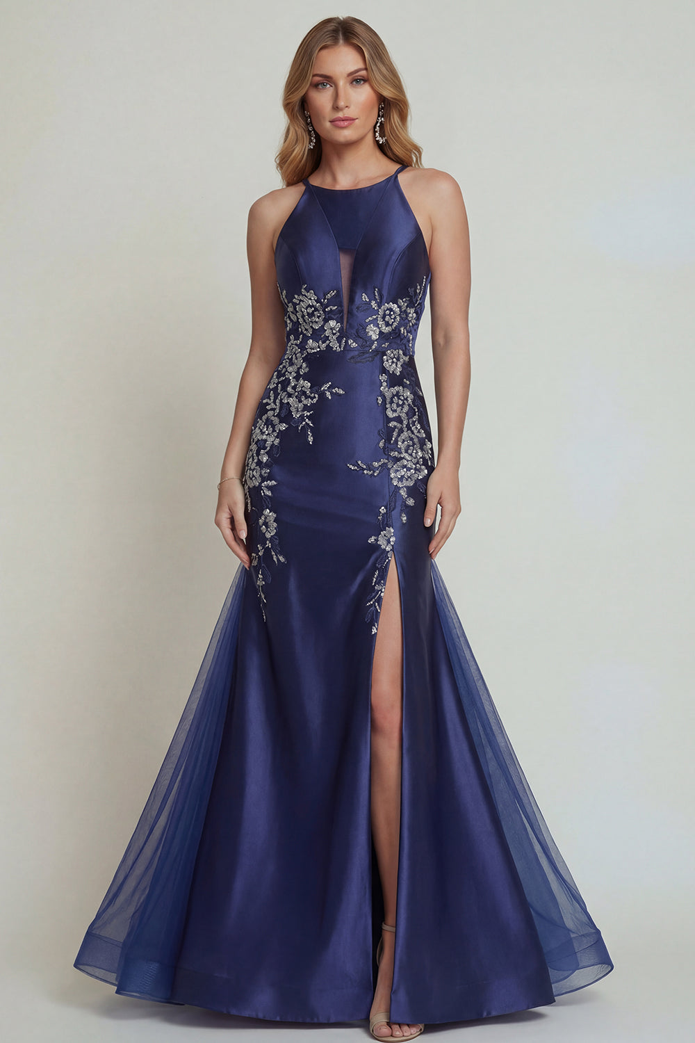 Navy Appliqued Halter Mermaid Satin Mother of the Bride Dress with Slit