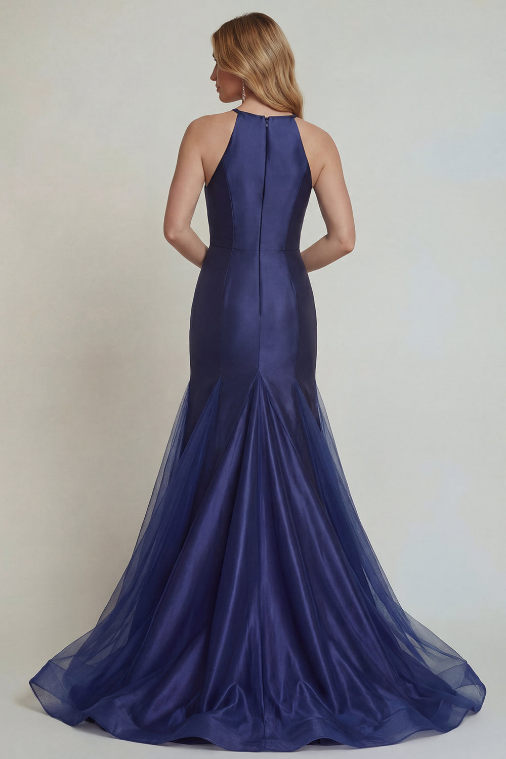 Navy Appliqued Halter Mermaid Satin Mother of the Bride Dress with Slit