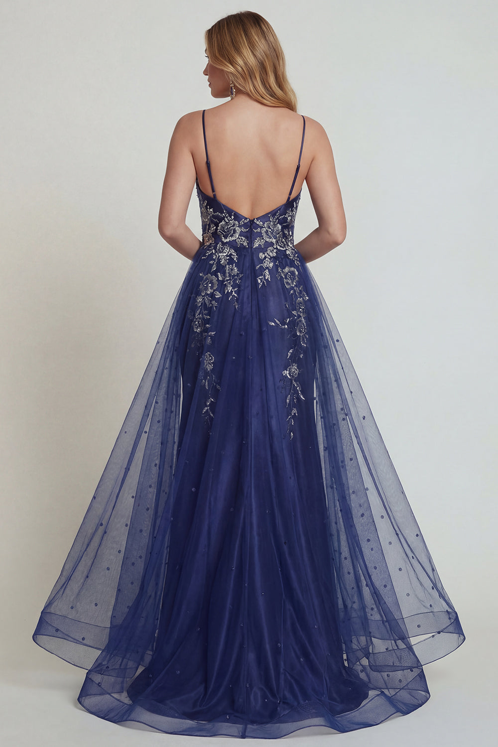 Robe sirène fourreau bleu marine à bretelles spaghetti en satin orné d'appliques et fendue pour mère de la mariée