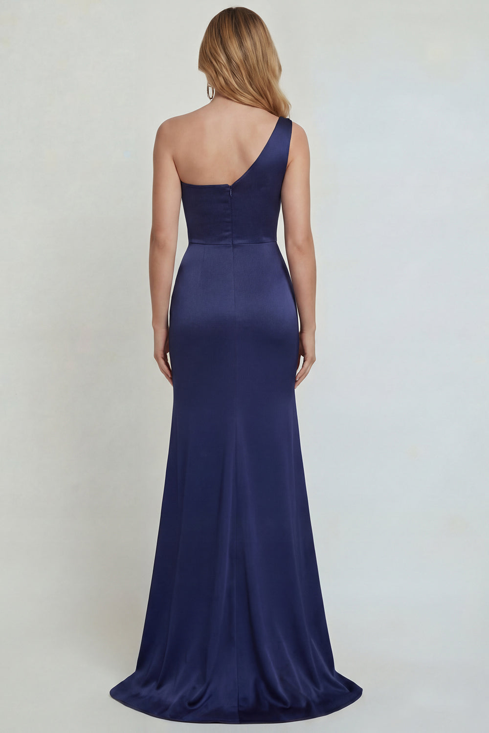 Robe de mère de la mariée sirène en satin bleu marine à une épaule avec appliques