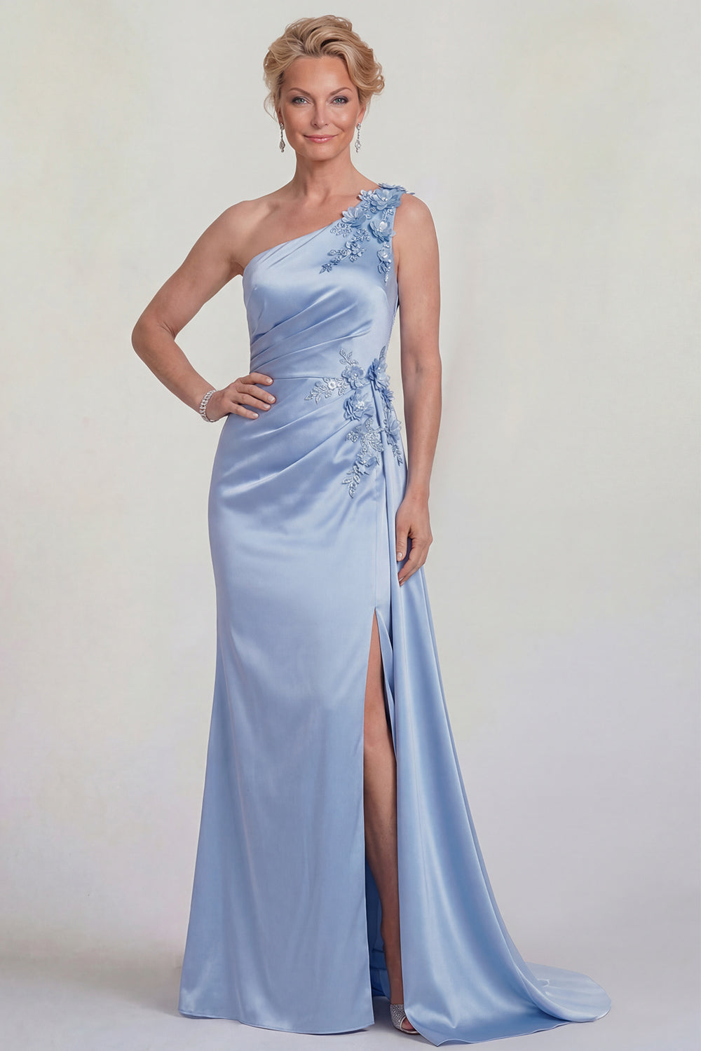 Blue Mermaid One-Shoulder Appliquéd Satin Mother of the Bride Dress with Slit