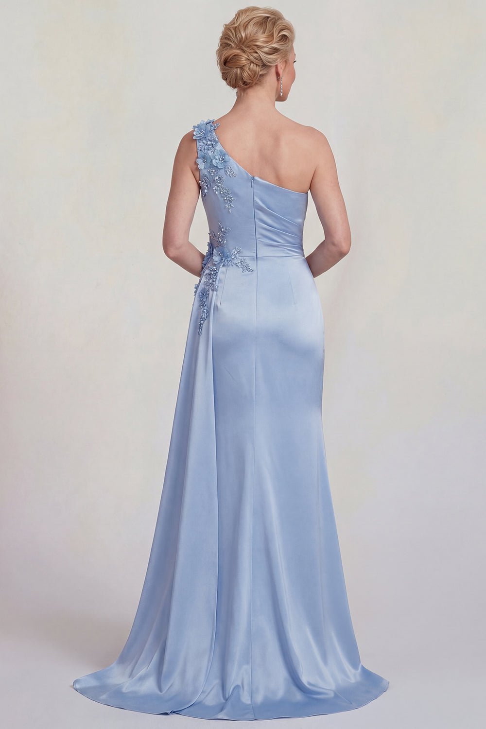 Blue Mermaid One-Shoulder Appliquéd Satin Mother of the Bride Dress with Slit