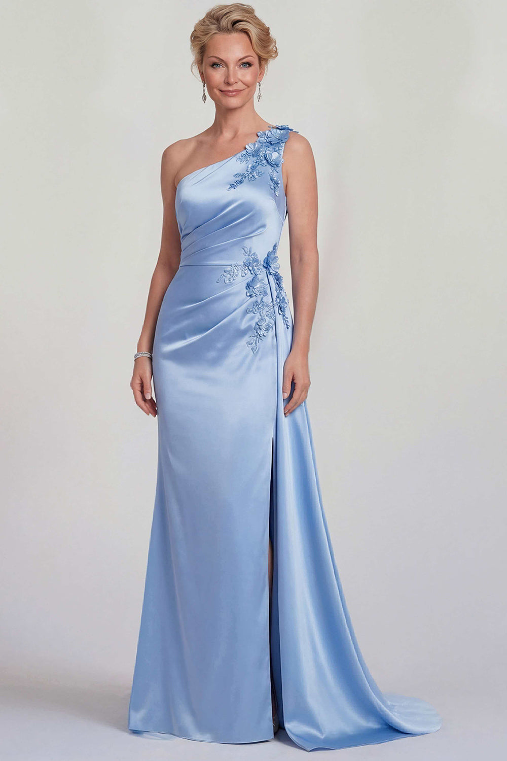 Blue Mermaid One-Shoulder Appliquéd Satin Mother of the Bride Dress with Slit