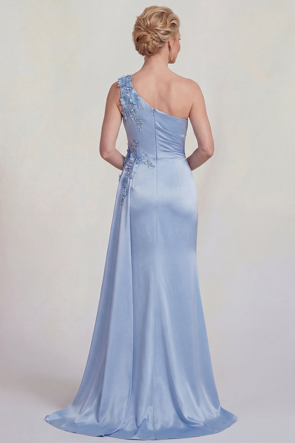 Blue Mermaid One-Shoulder Appliquéd Satin Mother of the Bride Dress with Slit