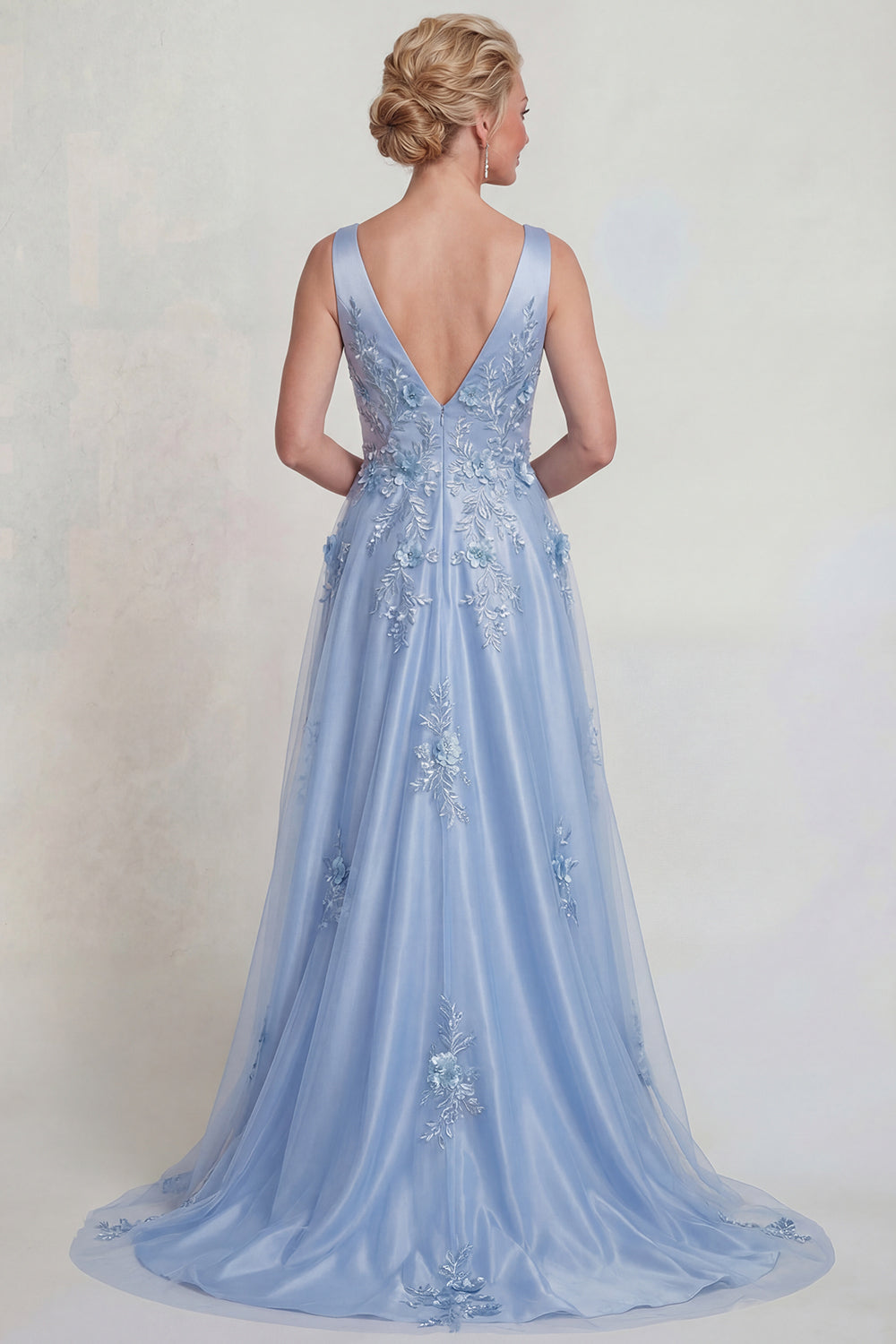 Robe de mère de la mariée en satin coupe A avec applique florale bleue et col en V