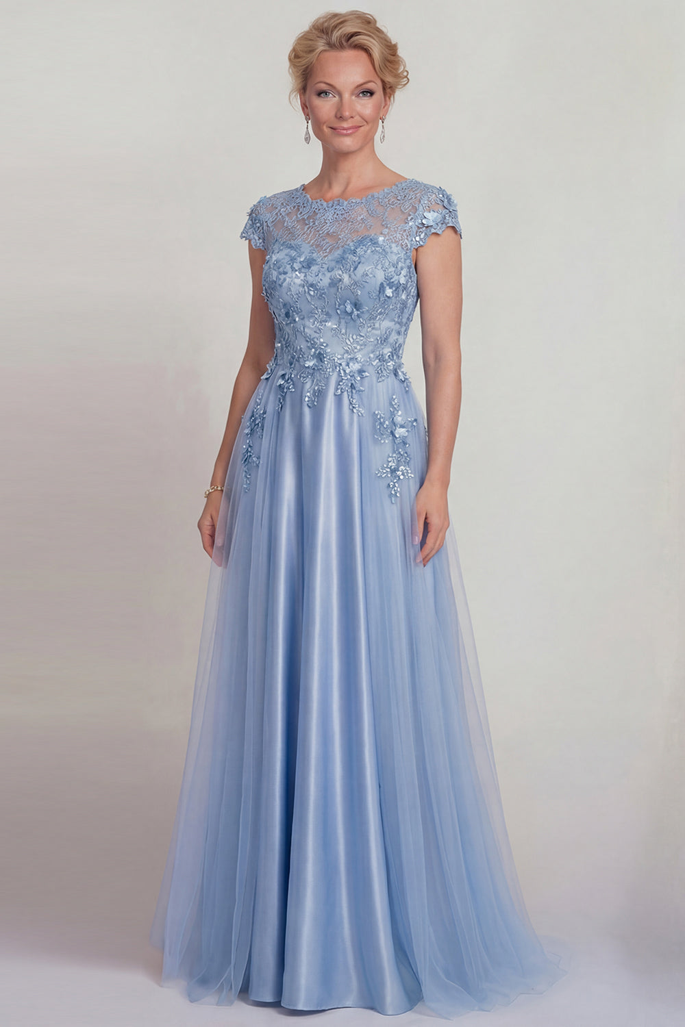 Blue Satin A-line Appliqued Lace Mother of the Bride Dress with Sleeves