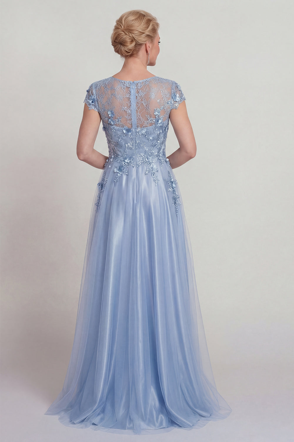 Blue Satin A-line Appliqued Lace Mother of the Bride Dress with Sleeves