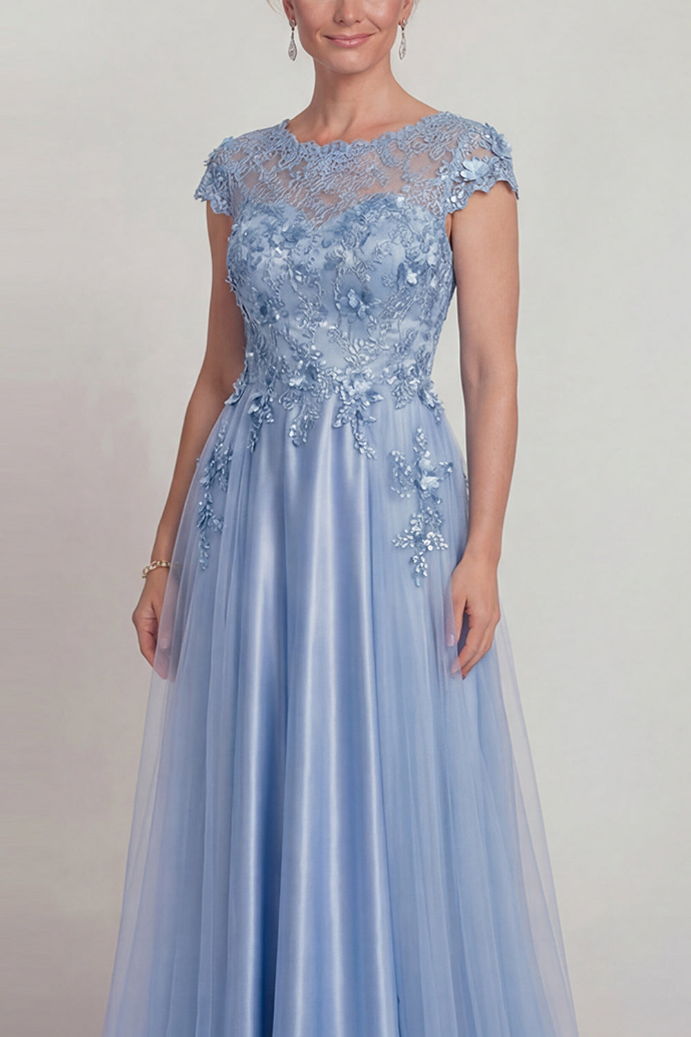 Blue Satin A-line Appliqued Lace Mother of the Bride Dress with Sleeves
