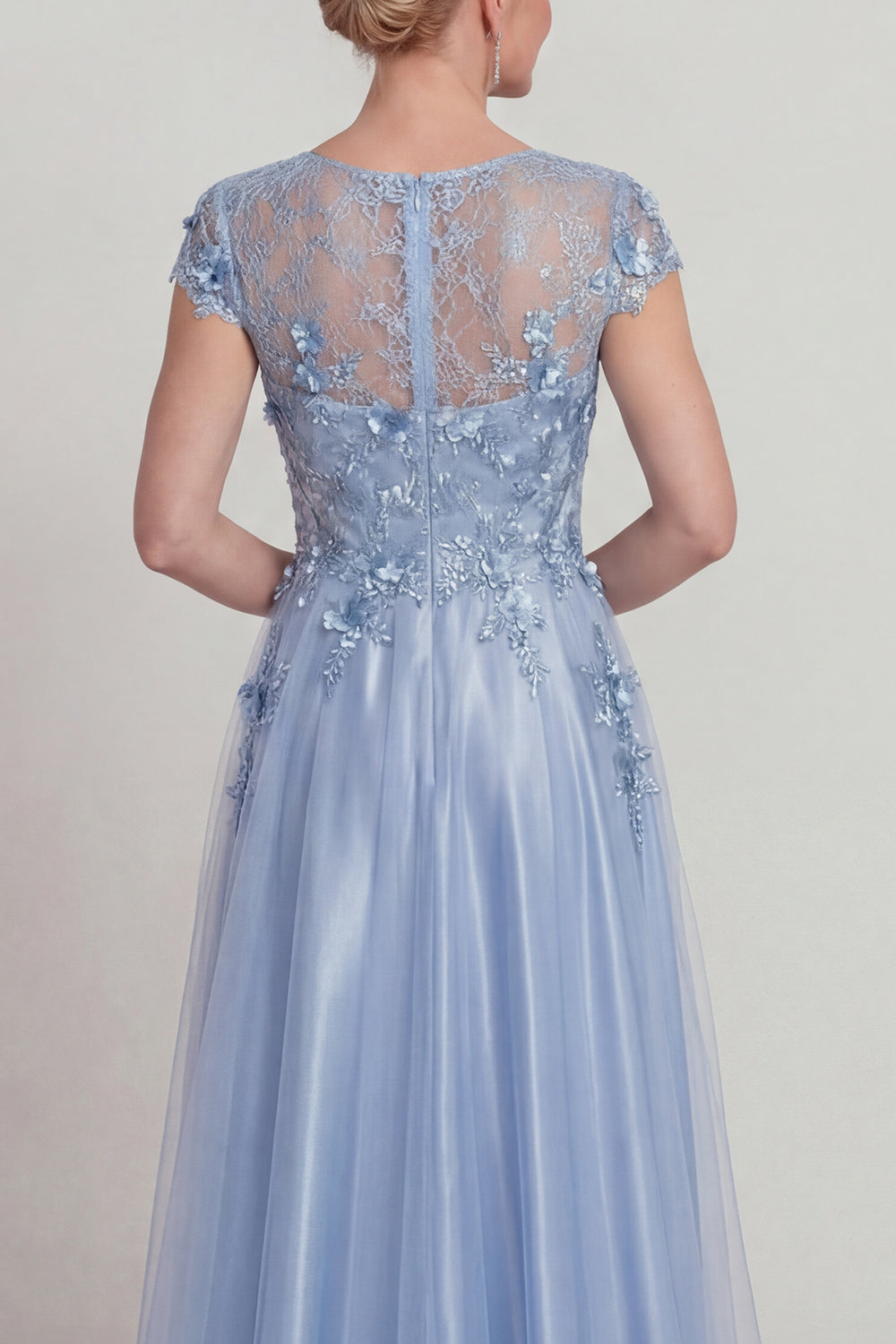 Blue Satin A-line Appliqued Lace Mother of the Bride Dress with Sleeves
