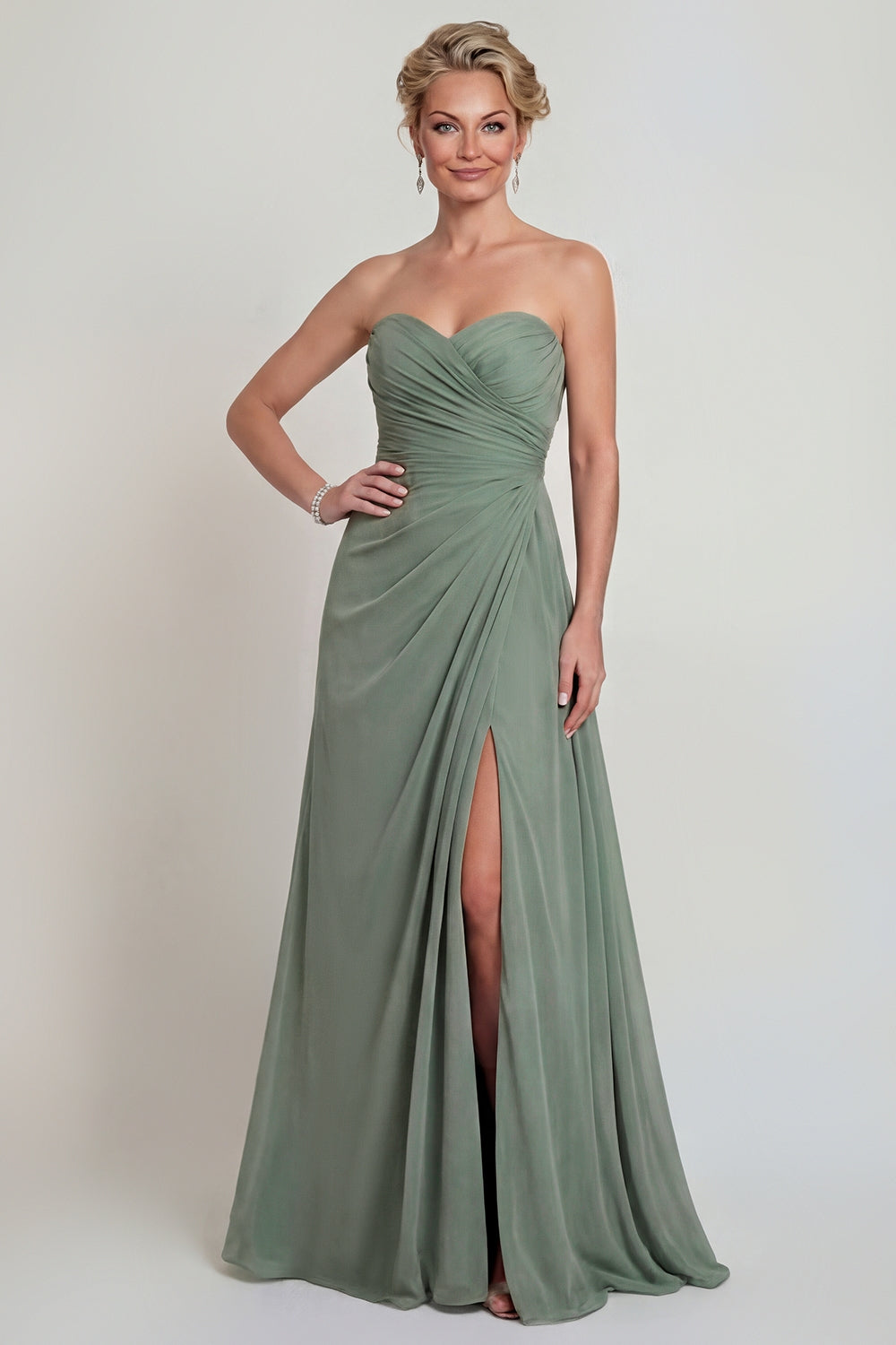 Dusty Sage Sweetheart A-Line Ruched Chiffon Mother of the Bride Dress with Slit