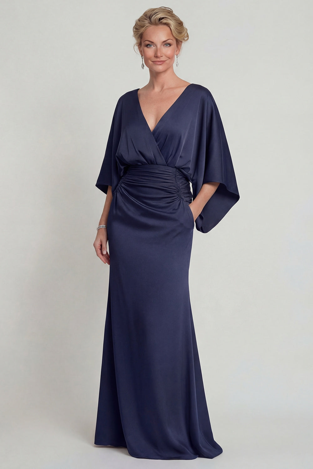 Navy Sheath V-Neck Half Sleeves Long Mother of the Bride Dress with Pockets