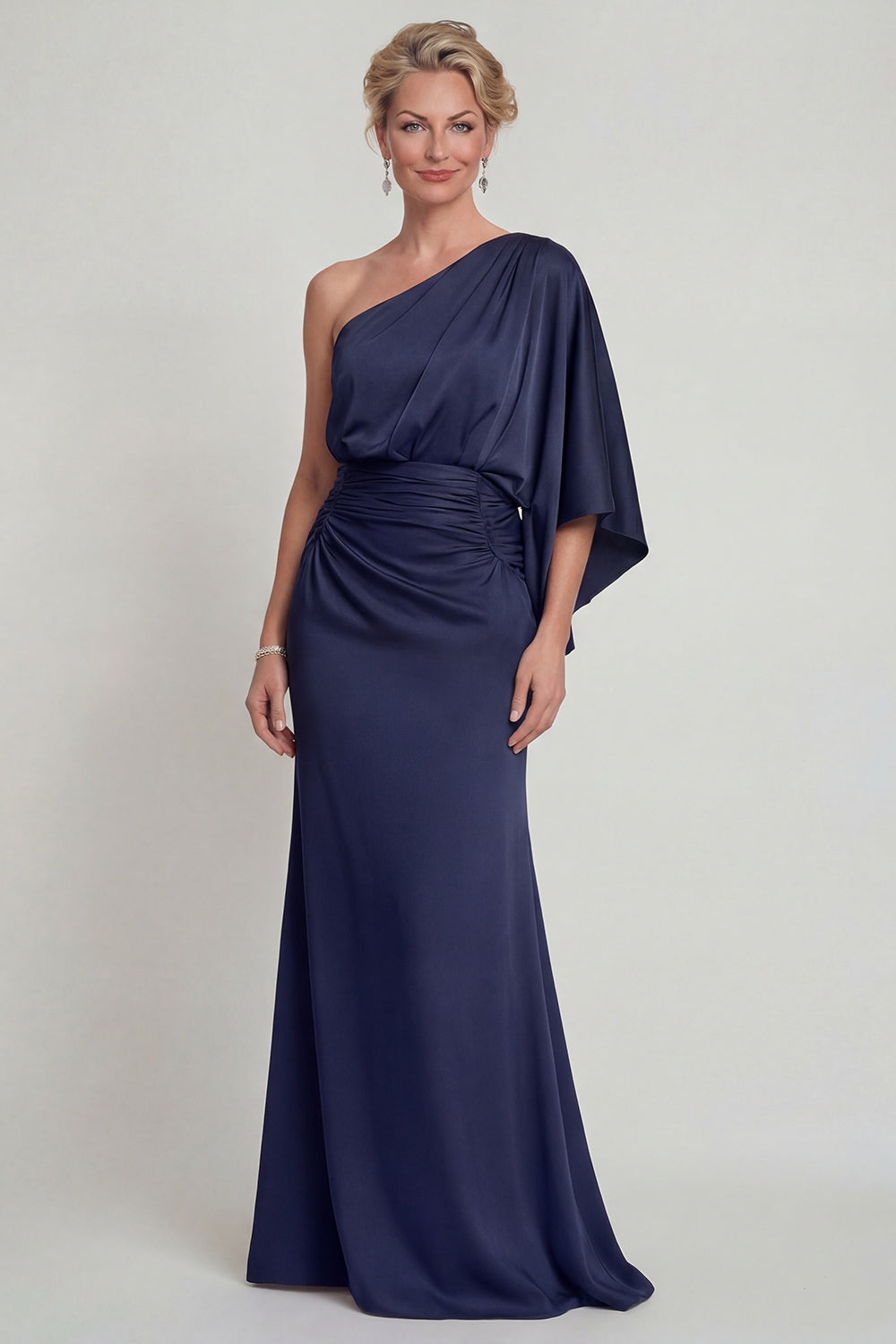 Robe fourreau longue de demoiselle d'honneur ruchée asymétrique bleu marine