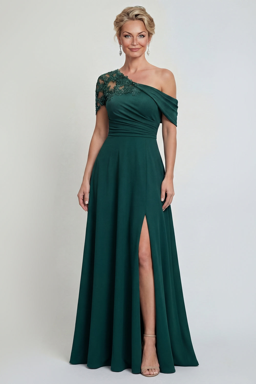 Dark Green One-Shoulder A-Line Appliqued Mother of the Bride Dress with Slit
