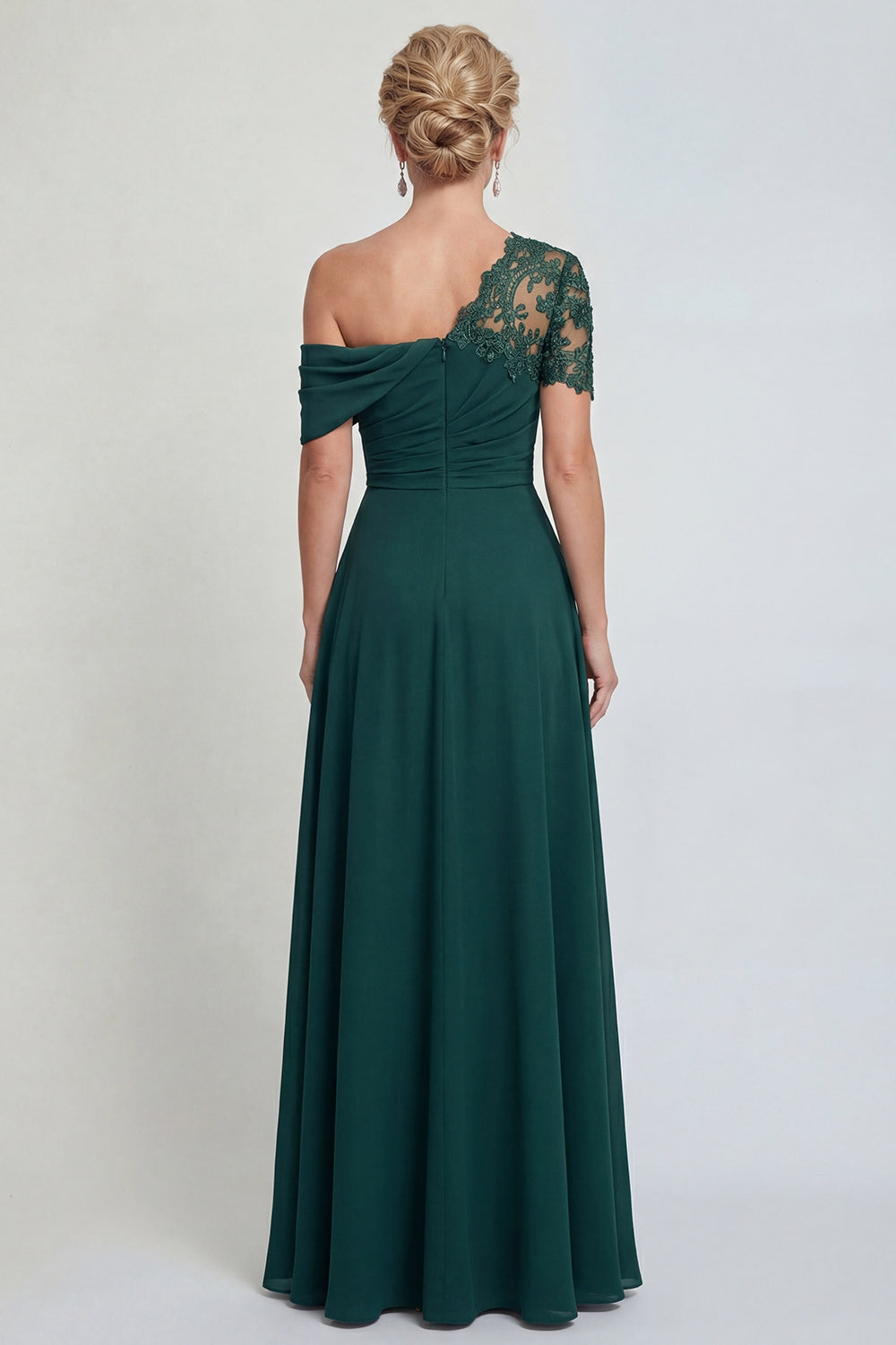 Dark Green One-Shoulder A-Line Appliqued Mother of the Bride Dress with Slit