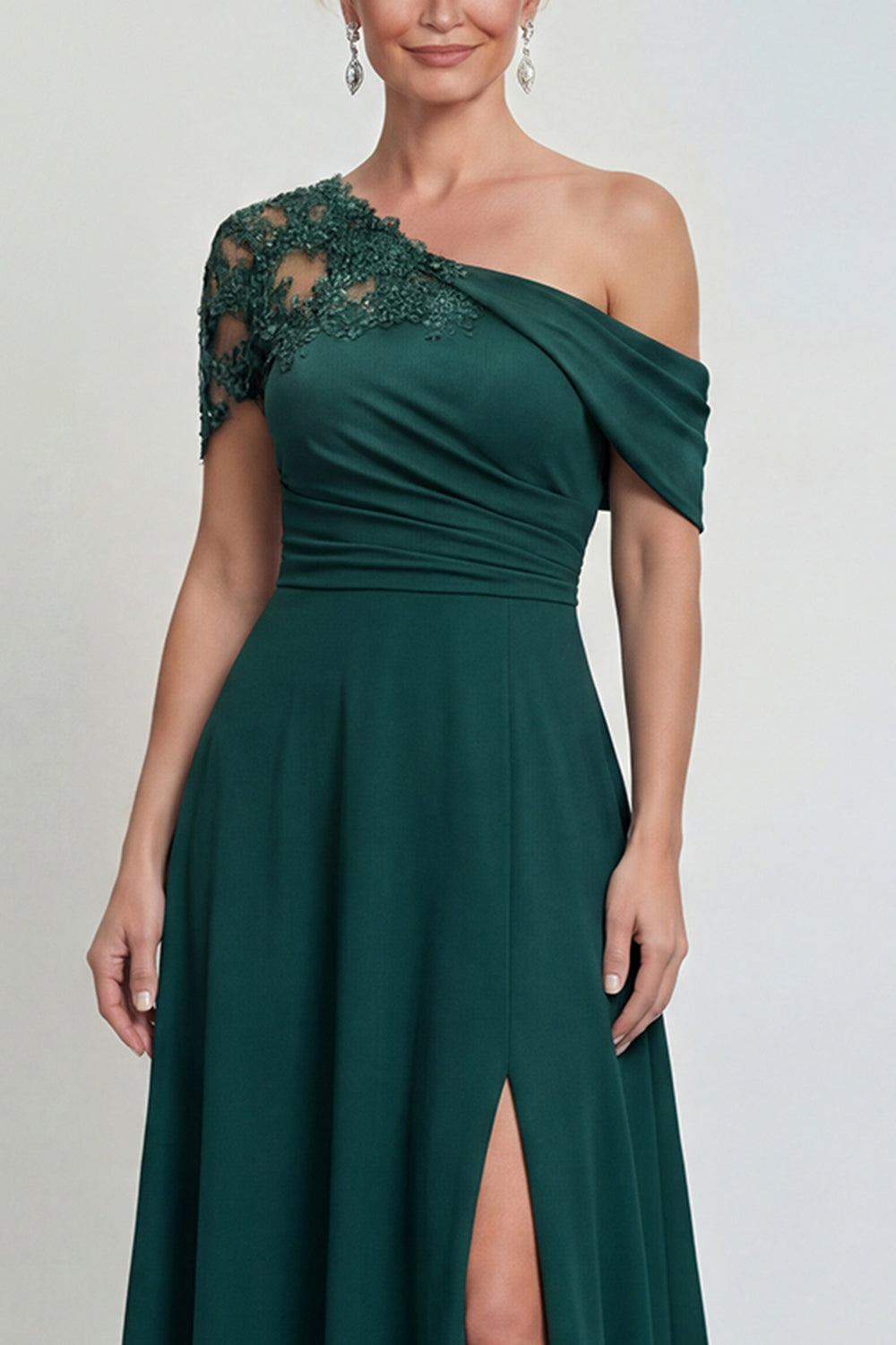 Dark Green One-Shoulder A-Line Appliqued Mother of the Bride Dress with Slit