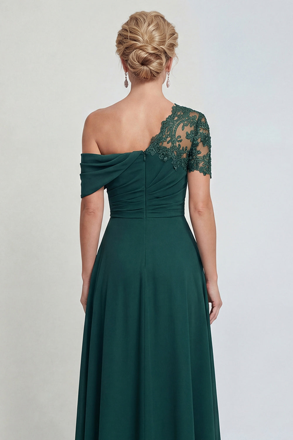 Dark Green One-Shoulder A-Line Appliqued Mother of the Bride Dress with Slit