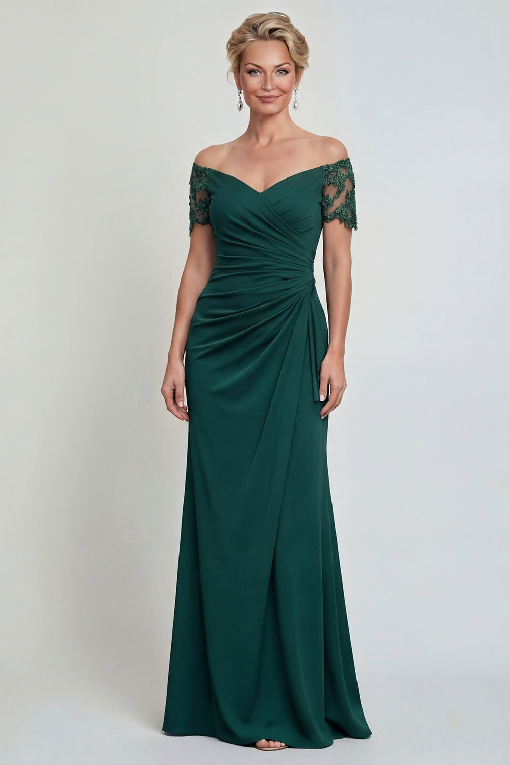 Dark Green Sheath Ruched Off The Shoulder Long Mother of the Bride Dress