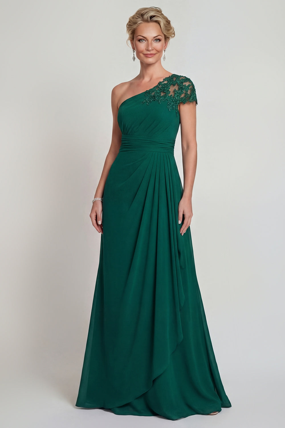 Robe de mère de la mariée longue ligne A en mousseline vert foncé à une épaule