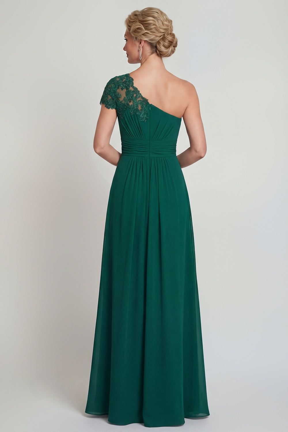 Robe de mère de la mariée longue ligne A en mousseline vert foncé à une épaule