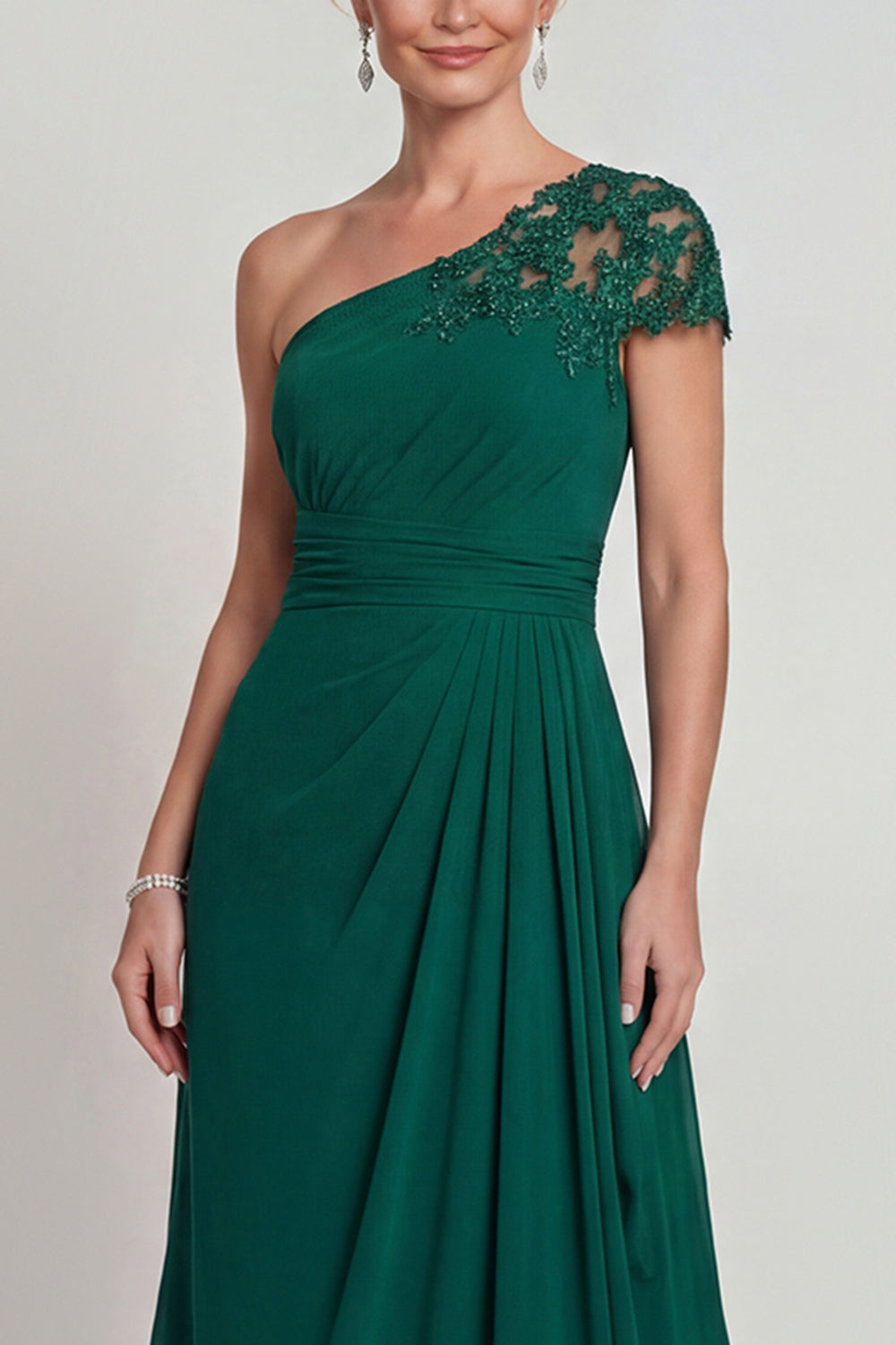 Robe de mère de la mariée longue ligne A en mousseline vert foncé à une épaule