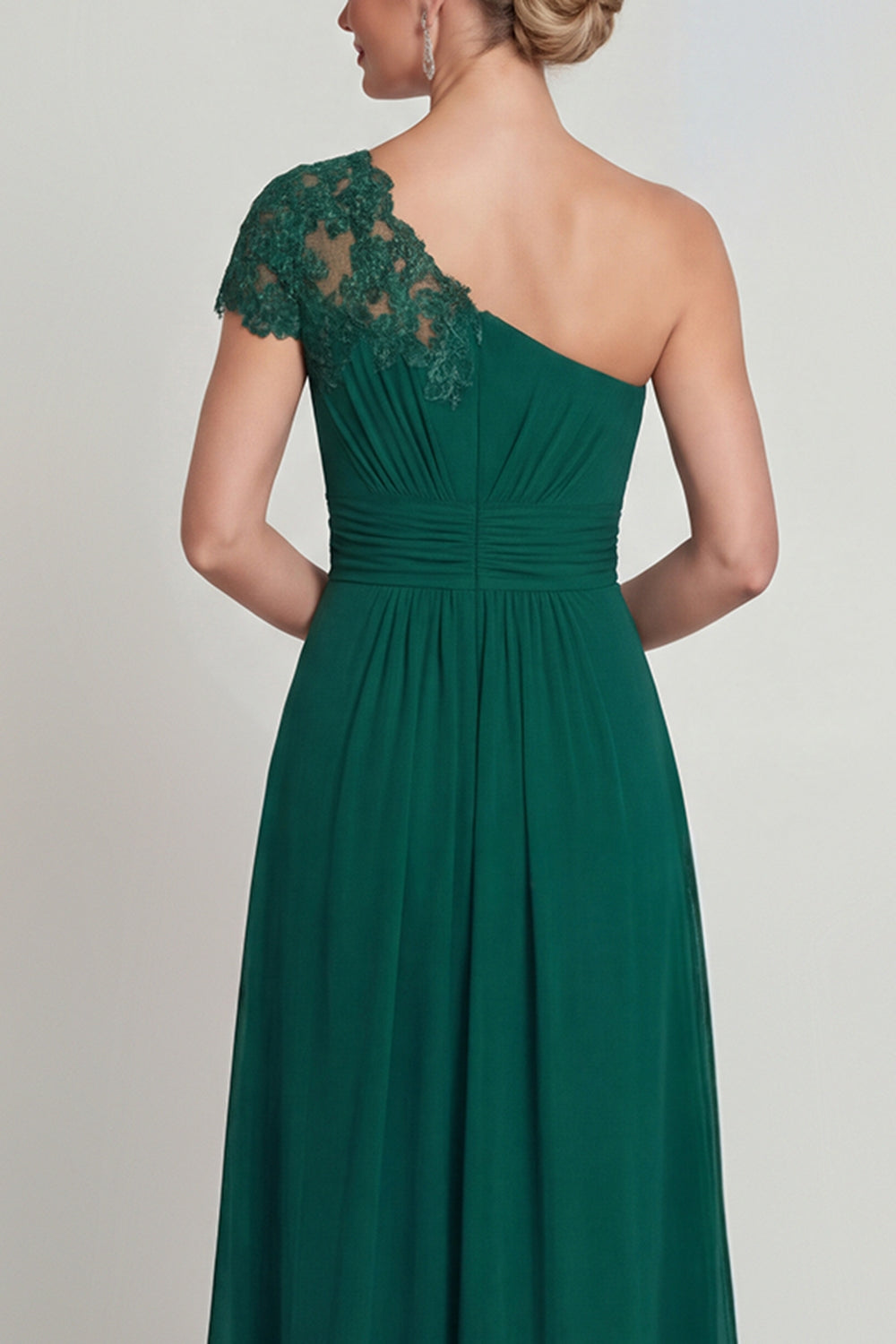 Robe de mère de la mariée longue ligne A en mousseline vert foncé à une épaule