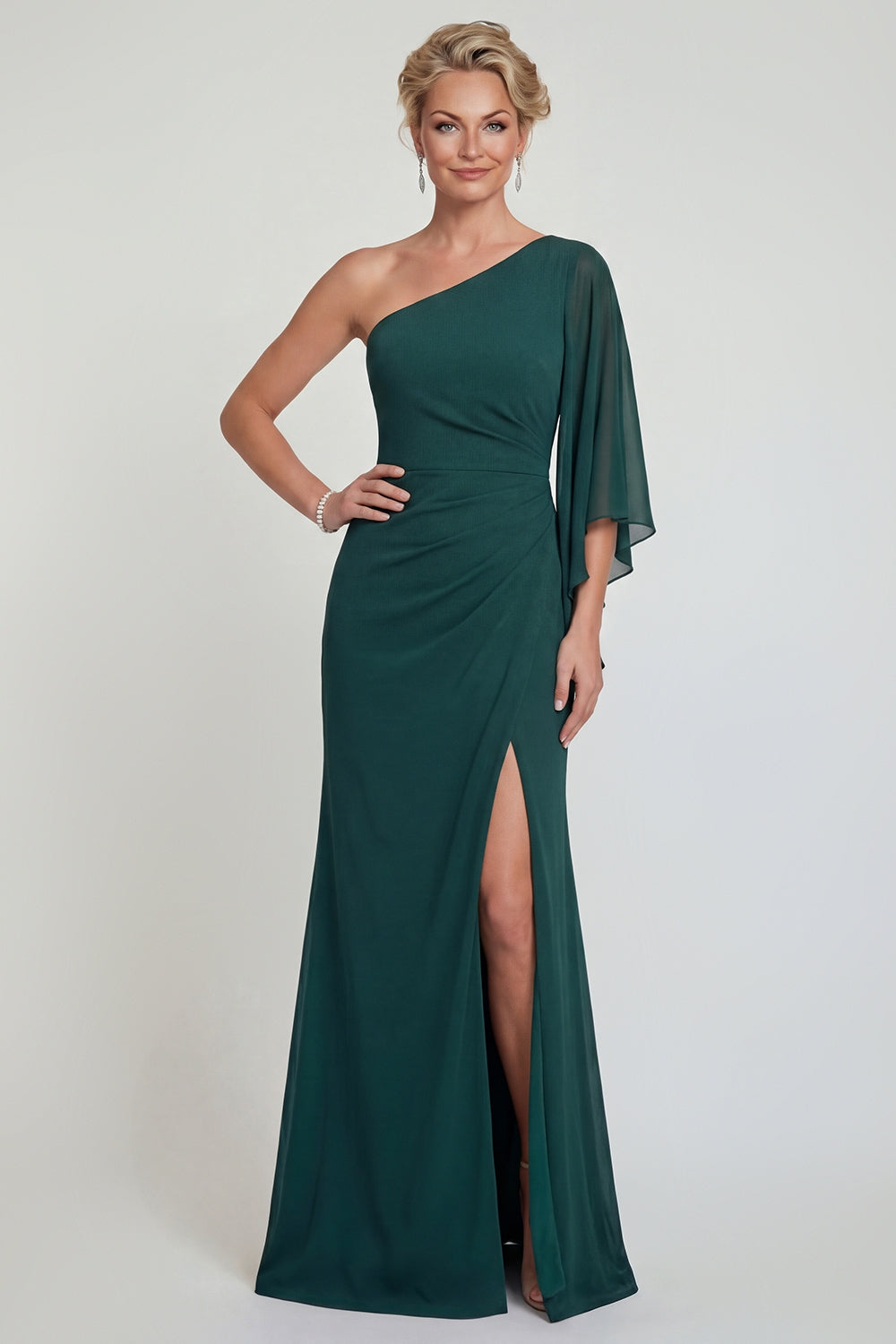 Robe longue de mère de la mariée sirène en mousseline vert foncé asymétrique avec fente