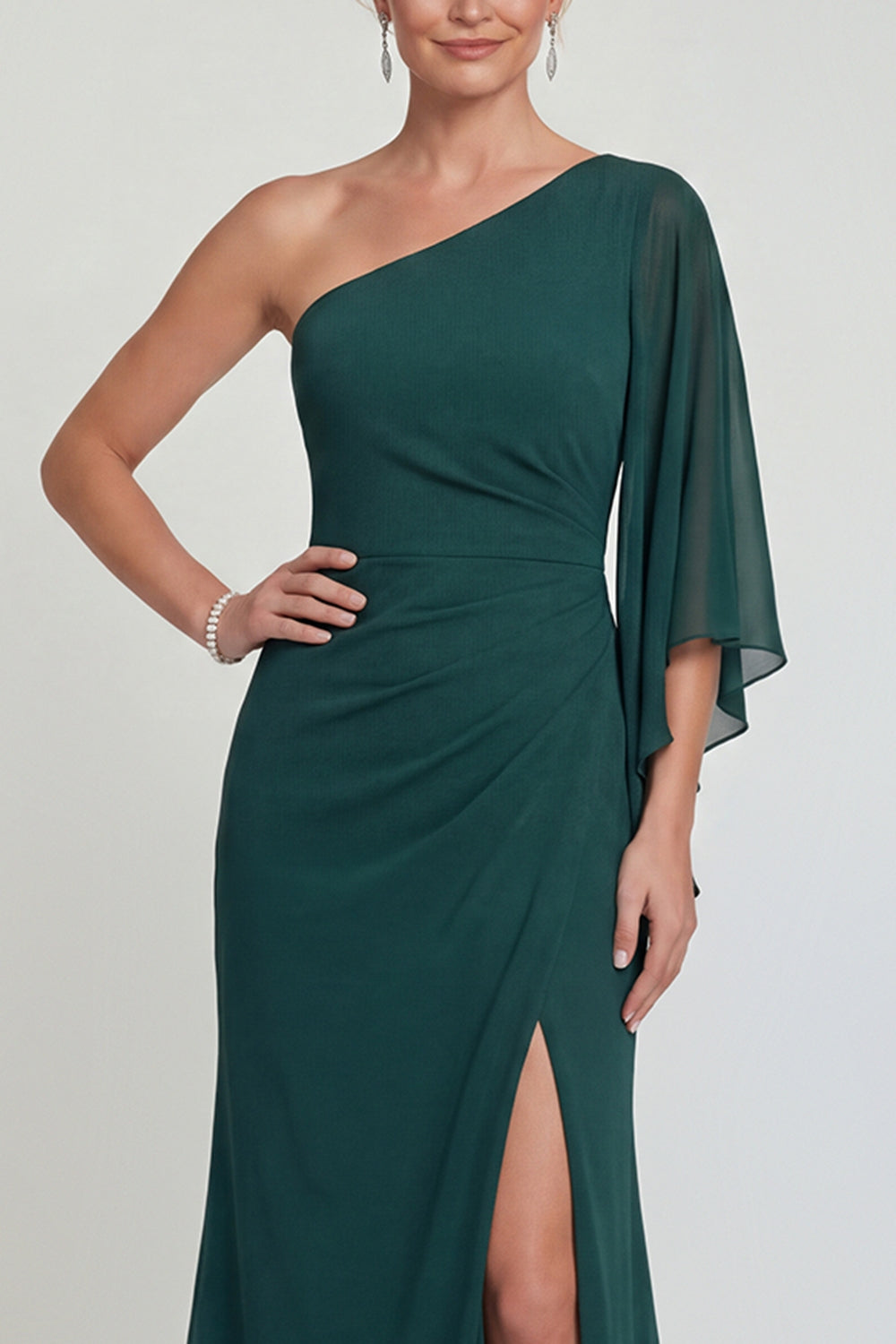 Robe longue de mère de la mariée sirène en mousseline vert foncé asymétrique avec fente