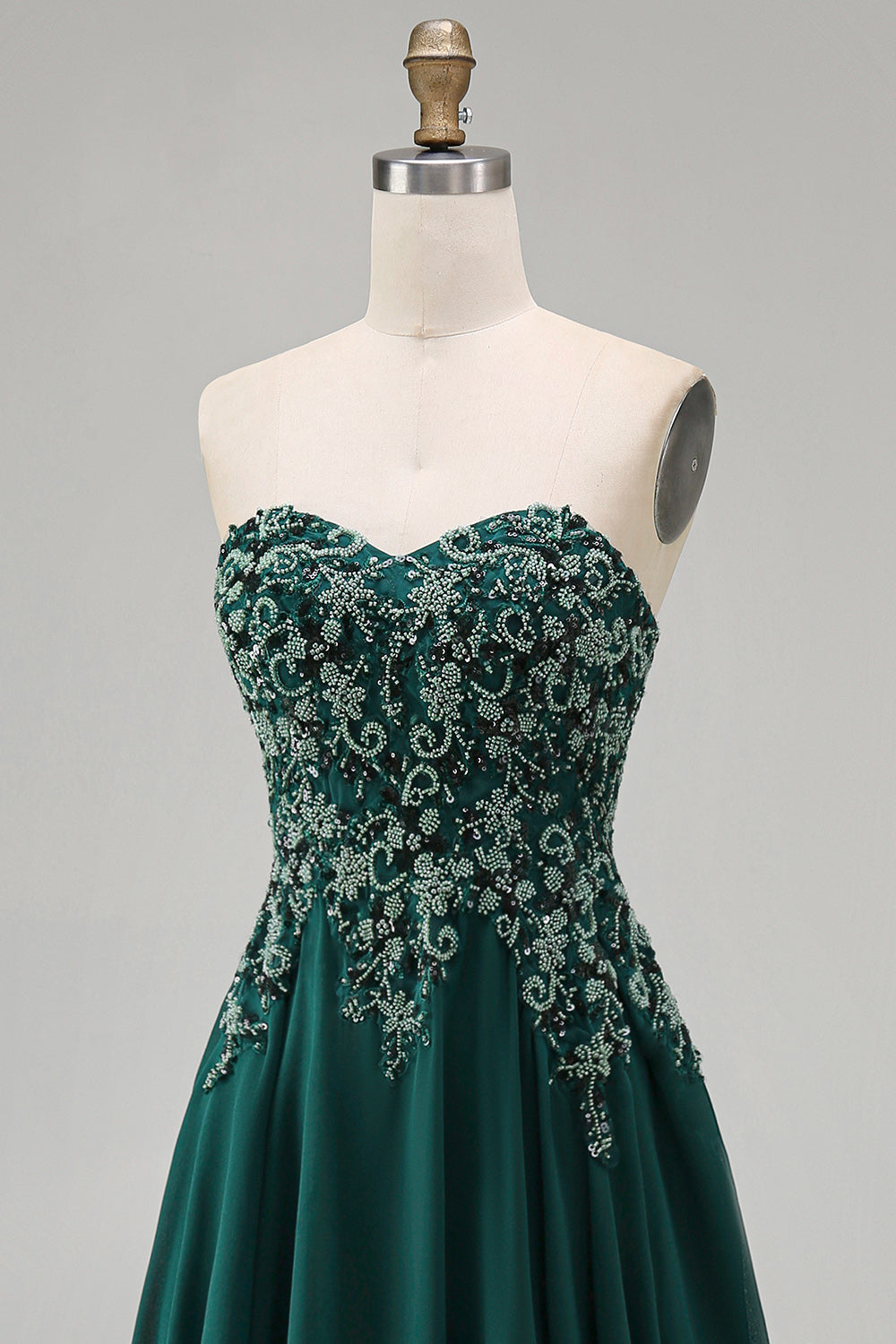 Dark Green Strapless A-Line Floral Beaded Long Formal Dress
