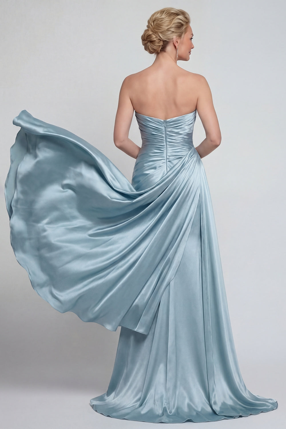 Blue Ruched Strapless Mermaid Long Satin Mother of the Bride Dress with Cape