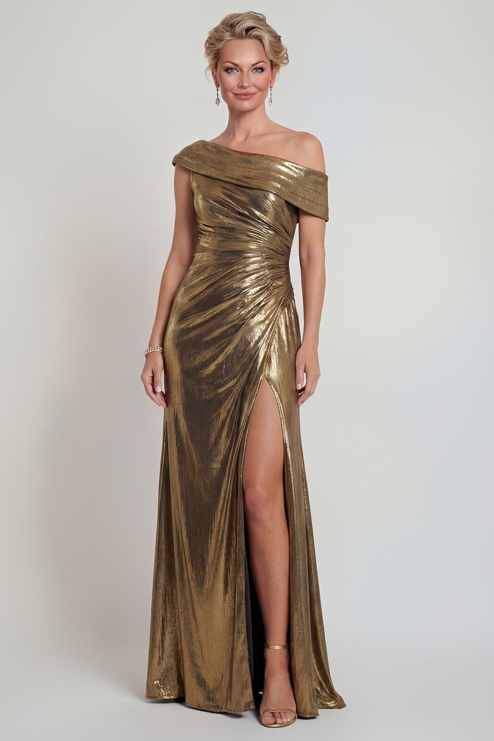 Metallic Golden Ruched Sheath One-Shoulder Mother of the Bride Dress with Slit