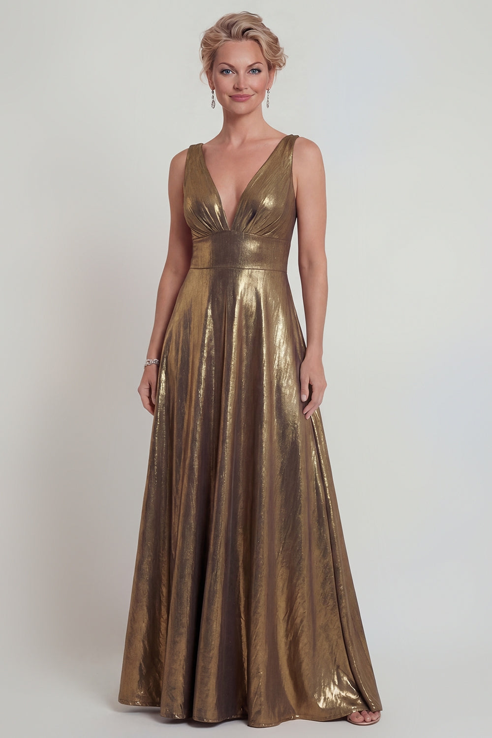 Robe longue de mère de la mariée dorée, trapèze, métallisée, col en V