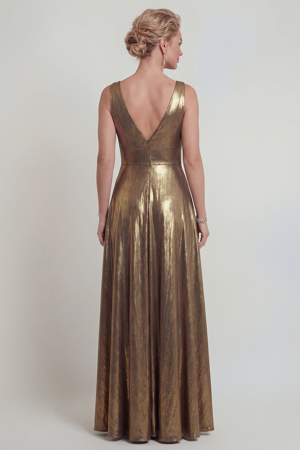 Robe longue de mère de la mariée dorée, trapèze, métallisée, col en V