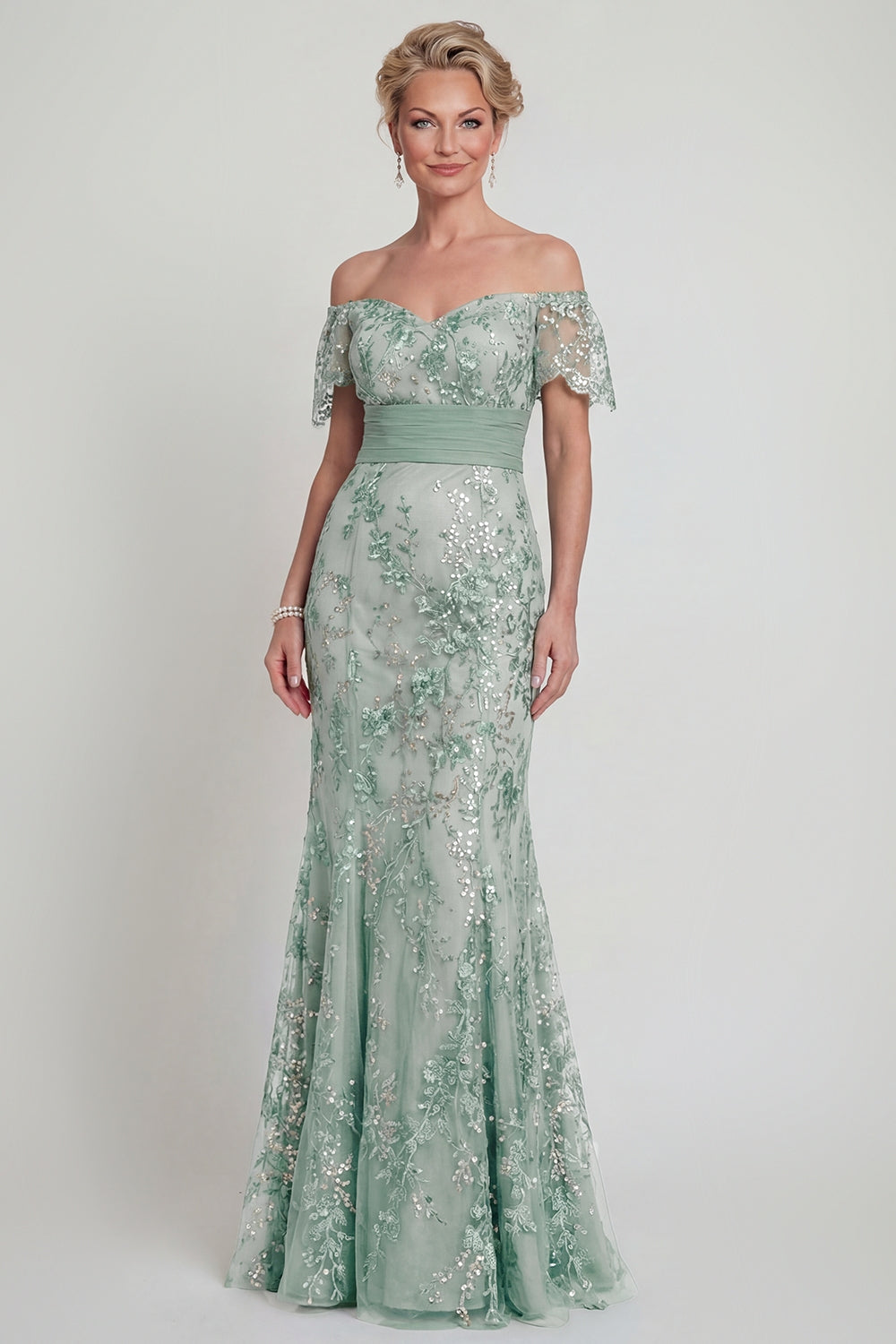 Off-the-Shoulder Green Mermaid Sequin Mother of the Bride Dress with Embroidery